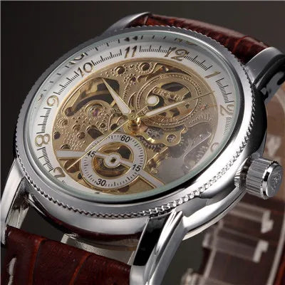 Relojes de lujo para hombre, chapado en oro, esqueleto mecánico, Steampunk, reloj de pulsera automático para hombre, correa de cuero, relojes para caballeros