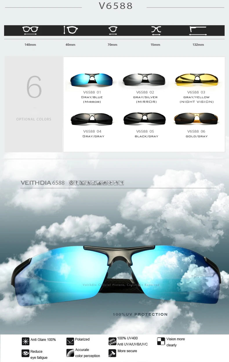 VEITHDIA aluminium magnésium hommes lunettes de soleil polarisées UV400 revêtement miroir lunettes de soleil en plein air lunettes pour homme accessoires 6588