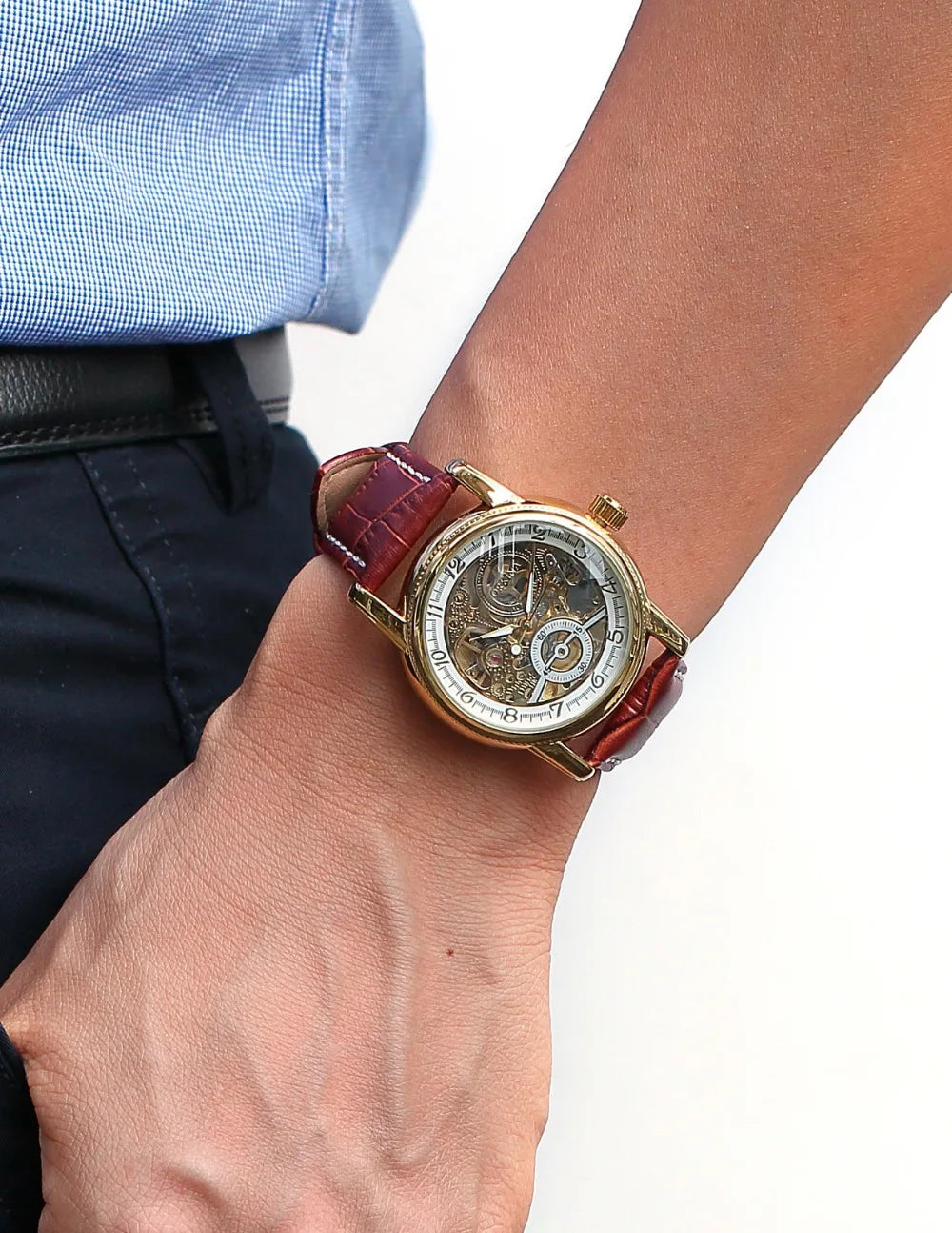 Relojes de lujo para hombre, chapado en oro, esqueleto mecánico, Steampunk, reloj de pulsera automático para hombre, correa de cuero, relojes para caballeros