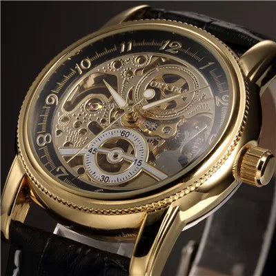 Relojes de lujo para hombre, chapado en oro, esqueleto mecánico, Steampunk, reloj de pulsera automático para hombre, correa de cuero, relojes para caballeros