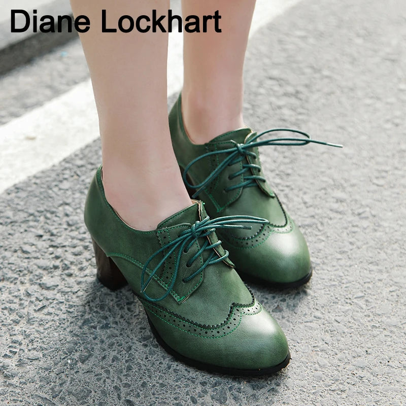 2025 otoño mujer zapatos Oxford con cordones Vintage punta redonda botines de mujer estilo inglés tacones altos señora zapato mujer 42 43