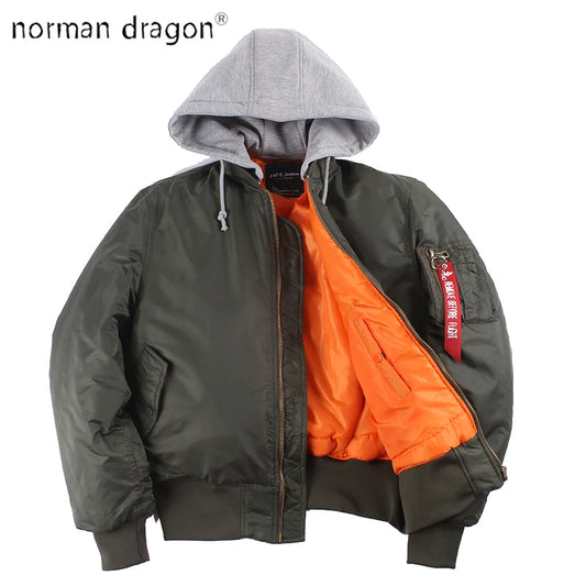 2025 Winter Oversized MA-1 with Hood Streetwear Hip Hop Army Military Coats Clothing Bomber Flight Air Force Pilot Jacket Men