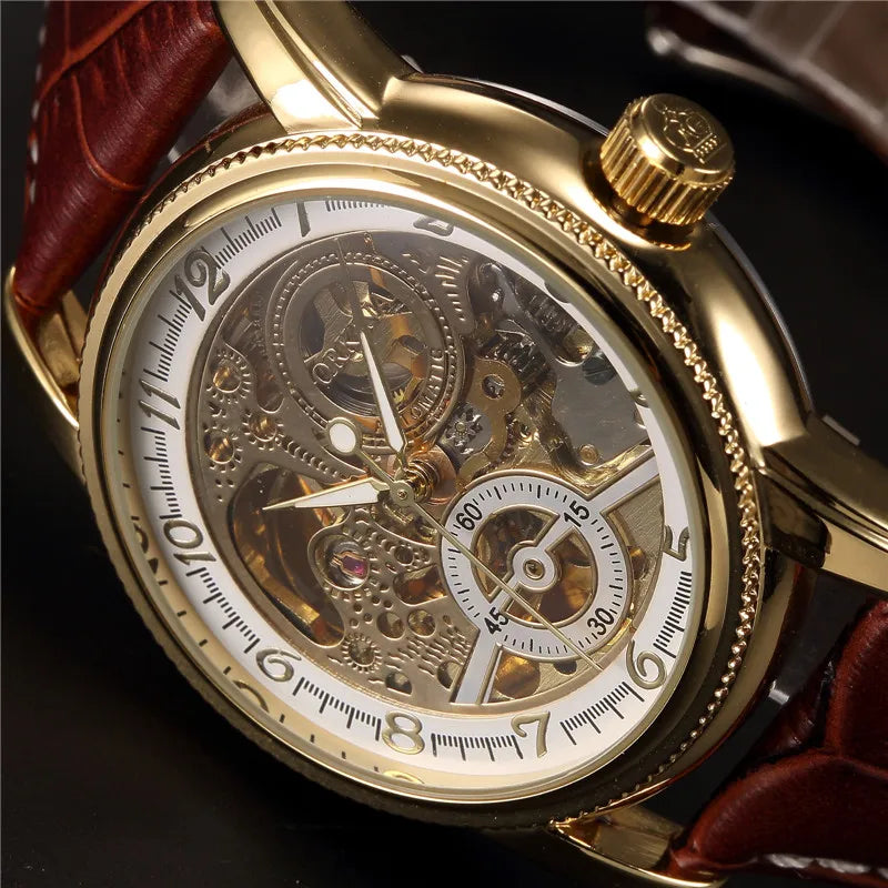 Relojes de lujo para hombre, chapado en oro, esqueleto mecánico, Steampunk, reloj de pulsera automático para hombre, correa de cuero, relojes para caballeros