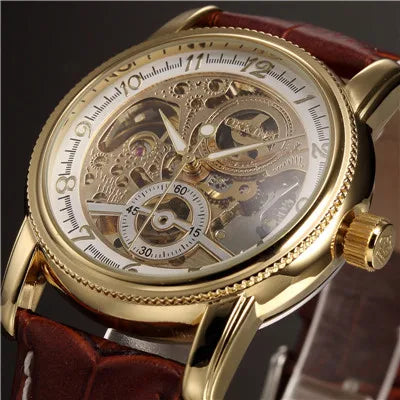 Relojes de lujo para hombre, chapado en oro, esqueleto mecánico, Steampunk, reloj de pulsera automático para hombre, correa de cuero, relojes para caballeros