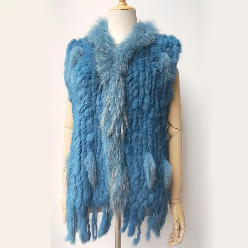 Gilet tricoté en vraie fourrure de lapin naturelle avec pompon, Gilet chaud sans manches pour femmes, avec garniture en vraie fourrure de raton laveur
