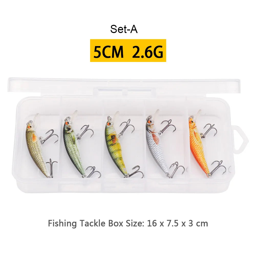 VTAVTA 5 pièces 5 cm 7 cm 9 cm Kit de leurre de pêche bionique appâts méné ensemble flottant manivelle Wobblers pour brochet attirail Kit d'appâts artificiels