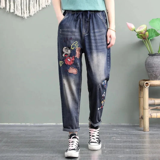 Jean Femme Ethnique Brodé Taille Élastique — Ample Harlan Rétro 2025