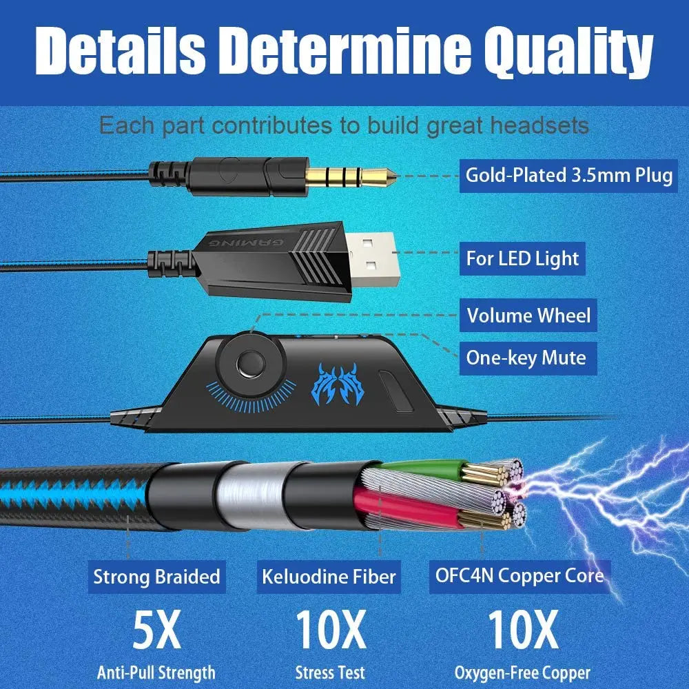 KOTION EACH Auriculares para juegos Auriculares estéreo con graves profundos con micrófono y luz LED para PS4, teléfono, ordenador portátil, PC Gamer