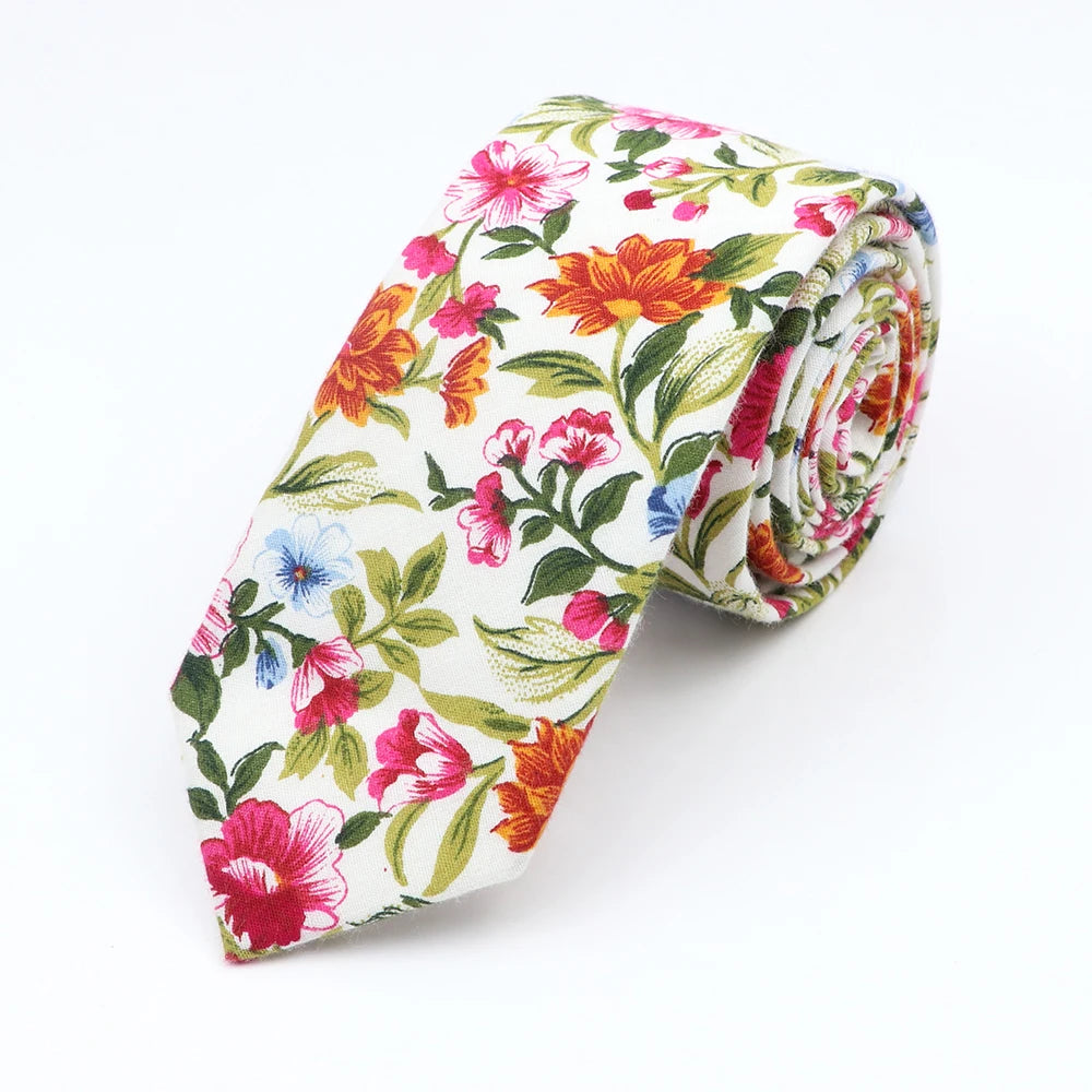 Cravate florale élégante pour hommes et femmes — 100% coton, fleur Paisley, étroite, mariage, décontracté