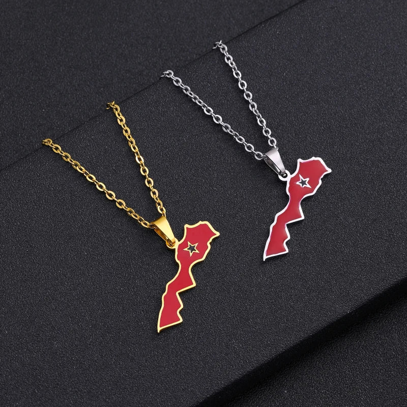 Kingdom of Morocco Map Flag Pendant Necklace Stainless Steel Men Women African Ethnic Jewelry The Kingdom of Morocco National Flag