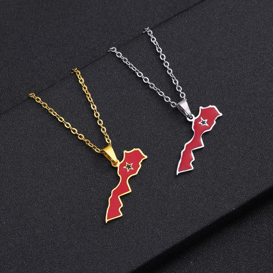 Kingdom of Morocco Map Flag Pendant Necklace Stainless Steel Men Women African Ethnic Jewelry The Kingdom of Morocco National Flag
