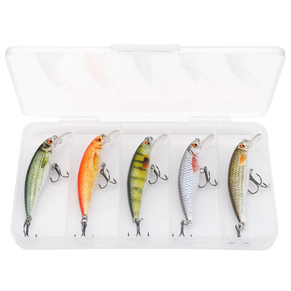 VTAVTA 5 pièces 5 cm 7 cm 9 cm Kit de leurre de pêche bionique appâts méné ensemble flottant manivelle Wobblers pour brochet attirail Kit d'appâts artificiels
