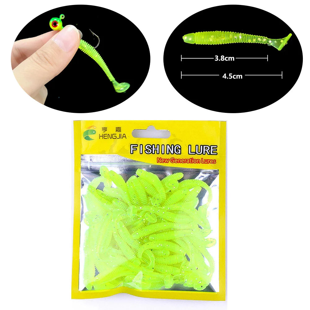 Hengjia 10-50pcs/lot 4.5CM Small Soft Silicone T-Tail Worm Swimbait Lure Fishing Tackle for Carp Black-bass Pike