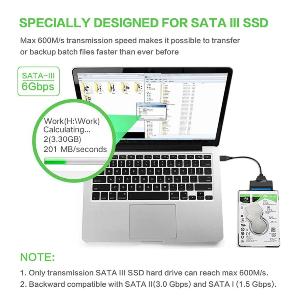 Adaptateur SATA vers USB 3.0/2.0/type-c, câble Sata jusqu'à 6 Gbps, prise en charge du disque dur externe SSD de 2.5 pouces, câble Sata III à 22 broches