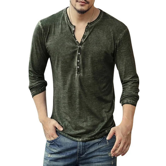 T-shirt Homme Col V Manches Longues & Hauts Élégants à Boutons T-shirt Henley Décontracté Automne 2026 Vêtement Masculin Uni 5XL
