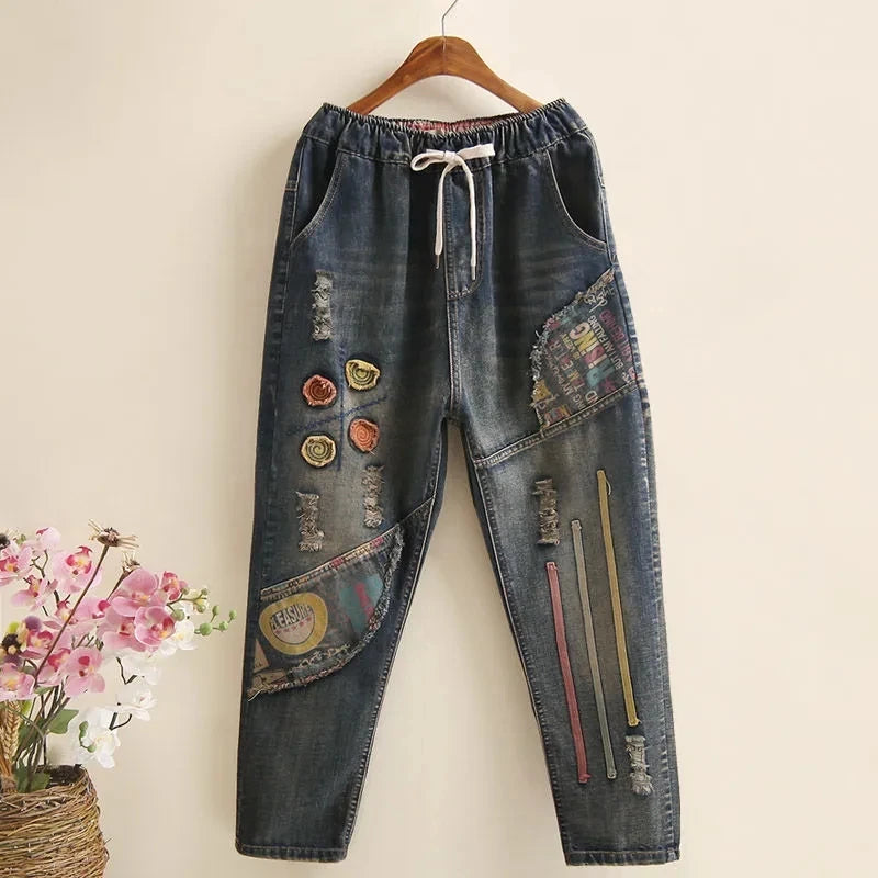 Jean Femme Ethnique Brodé Taille Élastique — Ample Harlan Rétro 2025