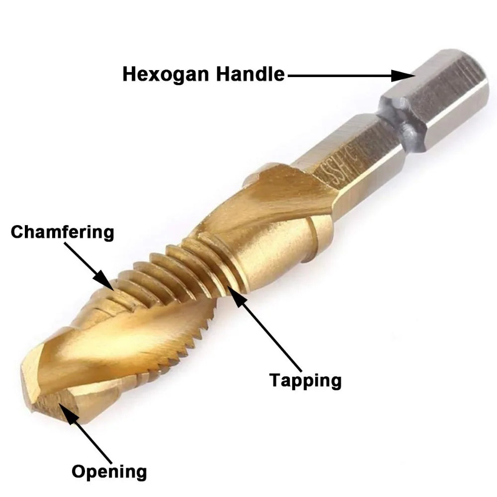 Forets tarauds plaqués titane tige hexagonale HSS — M3, M5, M6, M8, M10, outils à main