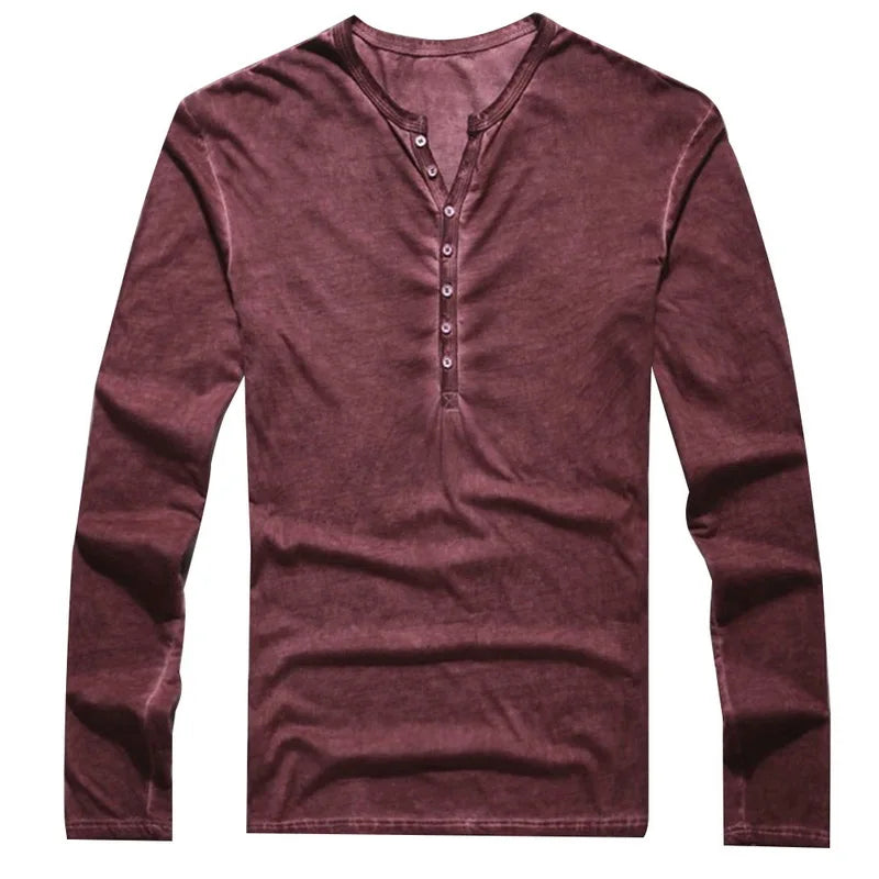T-shirt Homme Col V Manches Longues & Hauts Élégants à Boutons T-shirt Henley Décontracté Automne 2026 Vêtement Masculin Uni 5XL