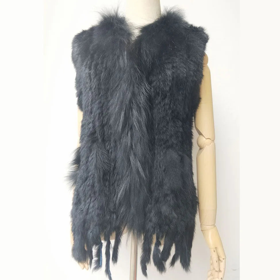 Gilet tricoté en vraie fourrure de lapin naturelle avec pompon, Gilet chaud sans manches pour femmes, avec garniture en vraie fourrure de raton laveur