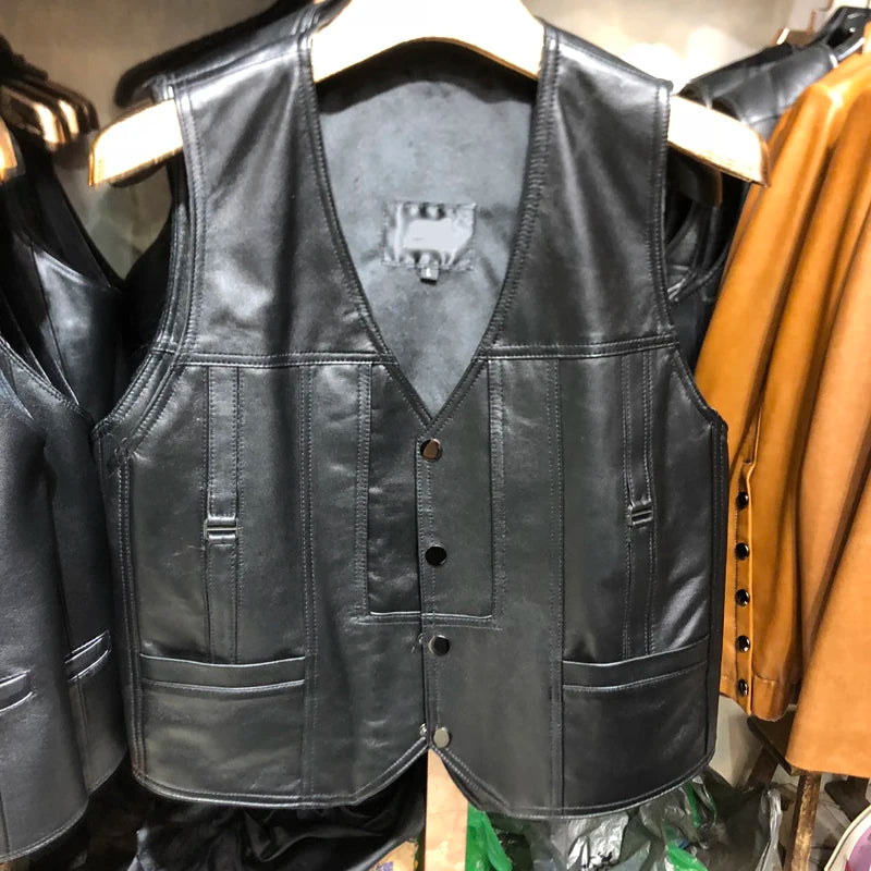 Gilet en cuir glacé pour homme classique — peau de mouton, col en V, cérémonie, nouvelle collection 2024