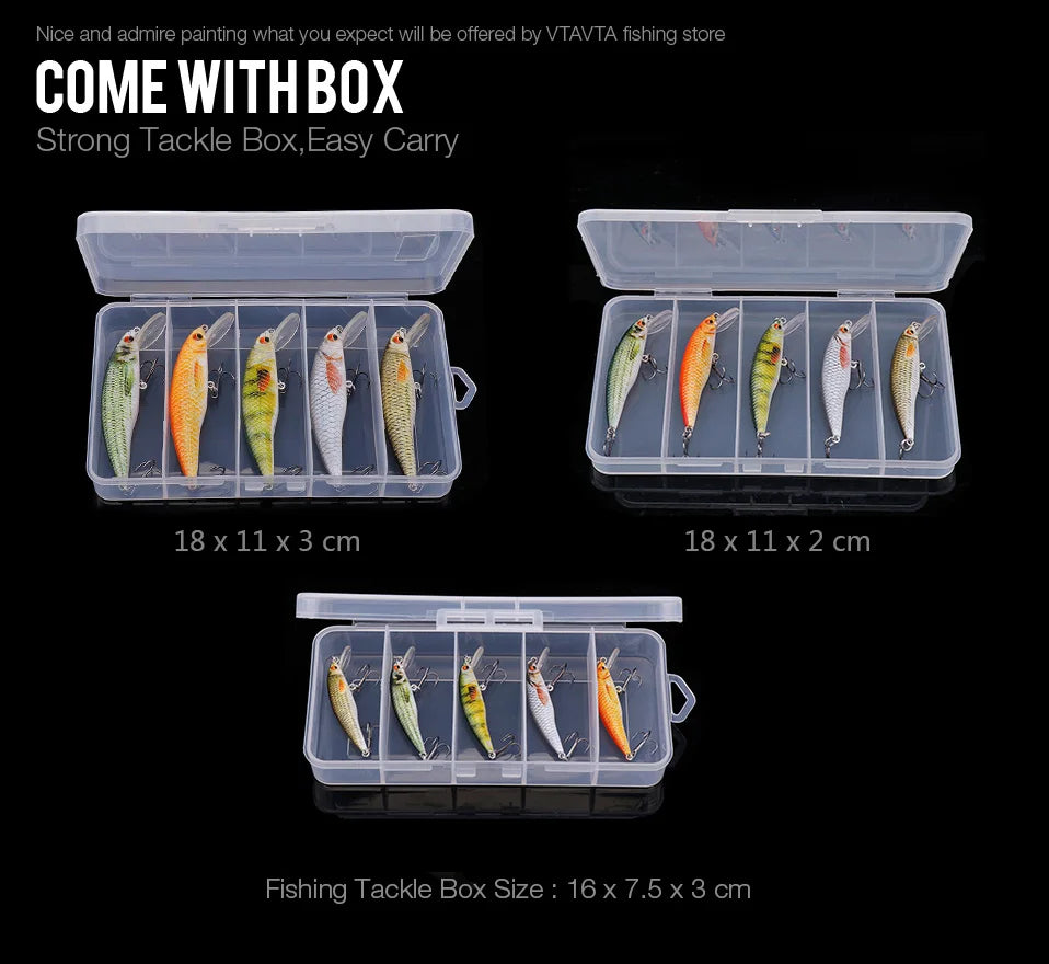 VTAVTA 5 pièces 5 cm 7 cm 9 cm Kit de leurre de pêche bionique appâts méné ensemble flottant manivelle Wobblers pour brochet attirail Kit d'appâts artificiels