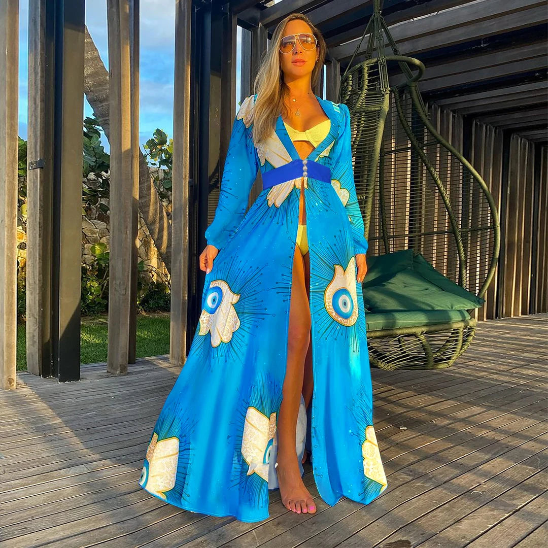Blue Eyes Bikini Cover-Up, Tuniques de plage, Long Kaftan, Robe de plage, Sarong, Maillots de bain