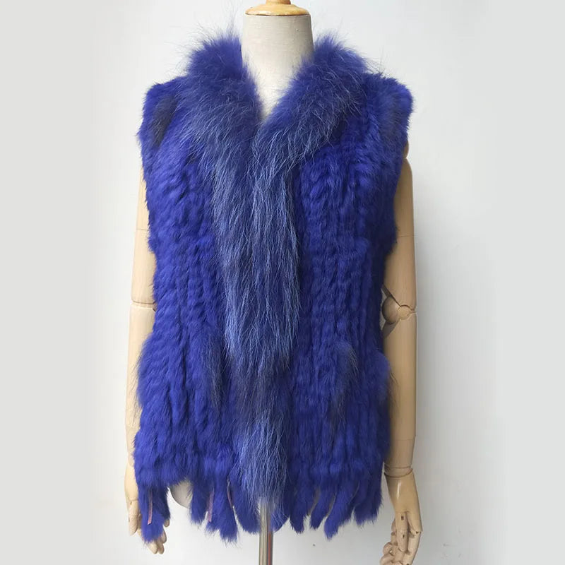 Gilet tricoté en vraie fourrure de lapin naturelle avec pompon, Gilet chaud sans manches pour femmes, avec garniture en vraie fourrure de raton laveur