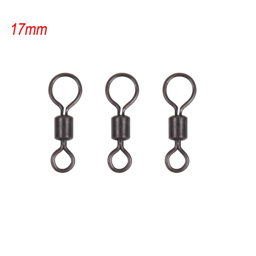 Émerillons roulants pour pêche à la carpe, 30 pièces, noir mat, corps Long, changement rapide, avec anneau, connecteur à pression, accessoires de pêche à la carpe