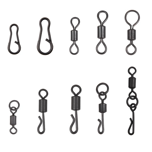 Émerillons roulants pour pêche à la carpe, 30 pièces, noir mat, corps Long, changement rapide, avec anneau, connecteur à pression, accessoires de pêche à la carpe