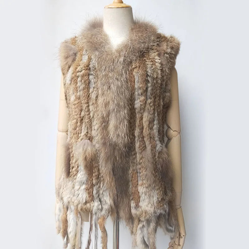 Gilet tricoté en vraie fourrure de lapin naturelle avec pompon, Gilet chaud sans manches pour femmes, avec garniture en vraie fourrure de raton laveur