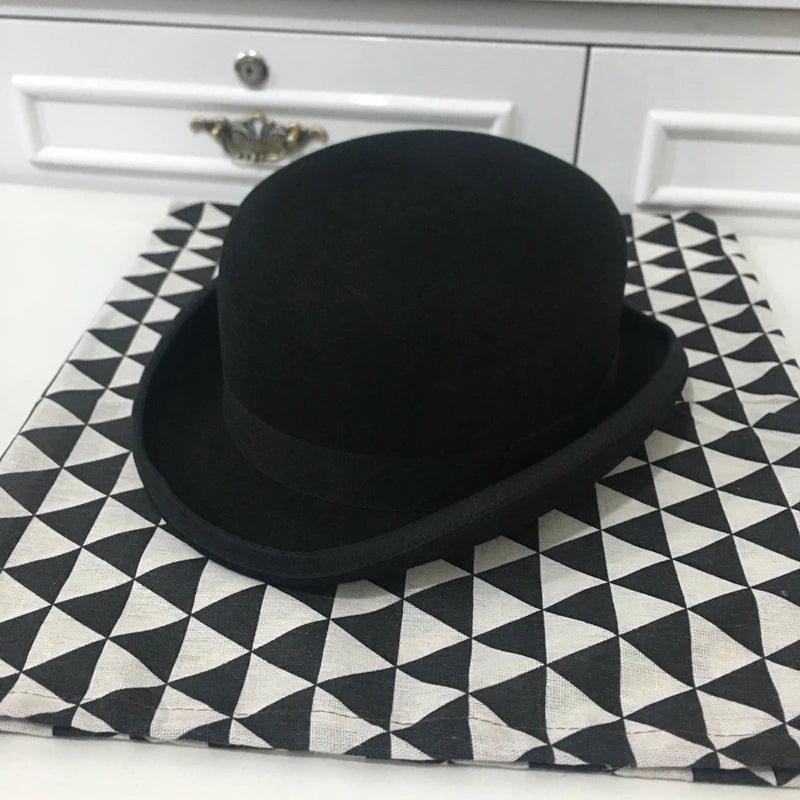 Wool Bowler Hat Luxury Felt Billycock Hats for Men with Belt Rolled Brim Cap Men's Cap