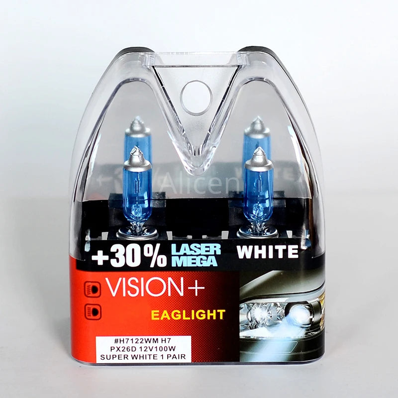 H7 100W 12V Super White Bulbs, Rally Vision +30% Brightness, Car Headlight, Hi/lo Beam, Halogen Lamp, Rally Performance Pair