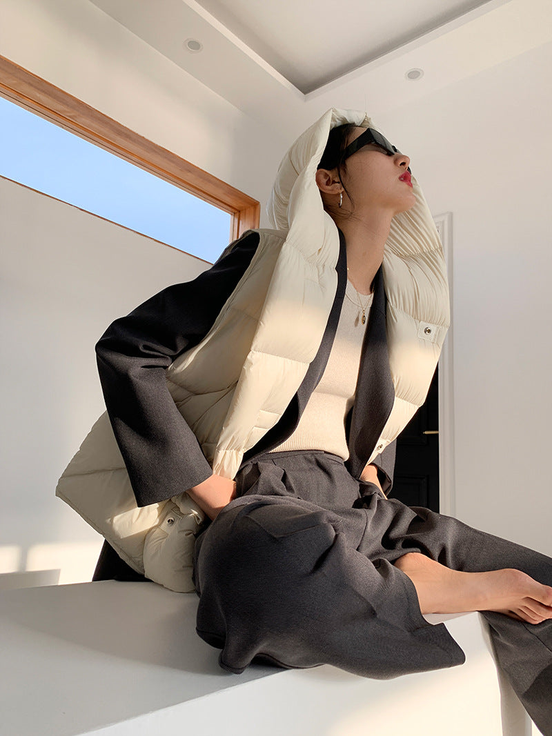 Doudoune Capuche 90% Duvet Canard Blanc Femme — Gilet Décontracté, Hiver 2024
