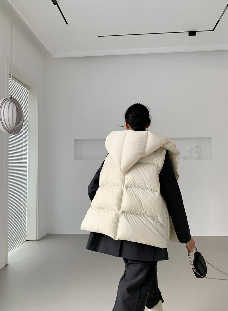 Doudoune Capuche 90% Duvet Canard Blanc Femme — Gilet Décontracté, Hiver 2024