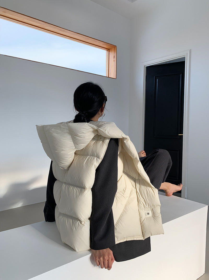 Doudoune Capuche 90% Duvet Canard Blanc Femme — Gilet Décontracté, Hiver 2024