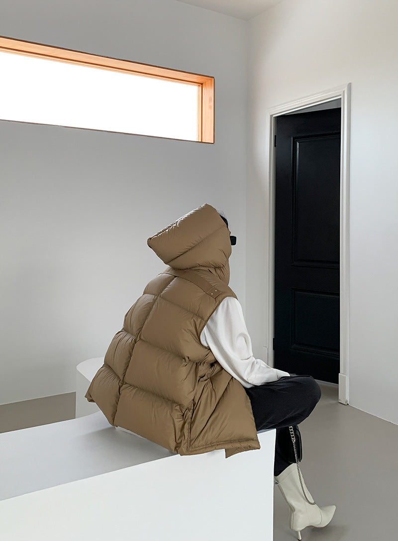 Doudoune Capuche 90% Duvet Canard Blanc Femme — Gilet Décontracté, Hiver 2024