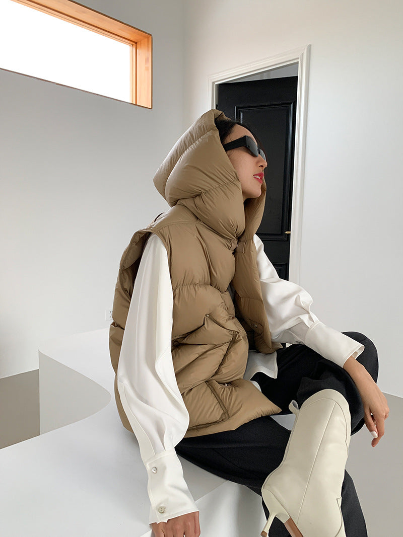 Doudoune Capuche 90% Duvet Canard Blanc Femme — Gilet Décontracté, Hiver 2024