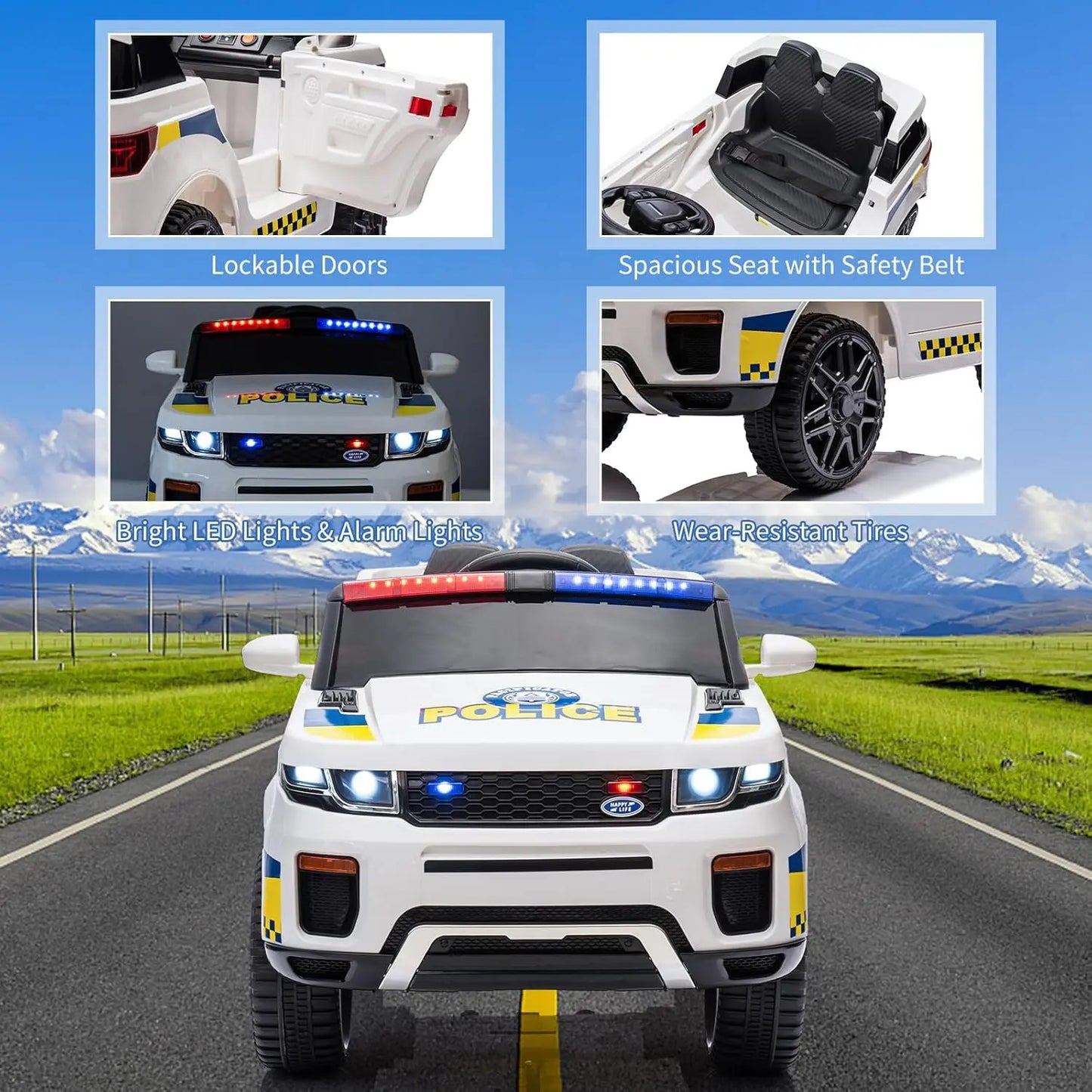 Coche para niños, vehículo eléctrico de 4 ruedas con mando a distancia, megáfono, luces intermitentes, suspensión de muelles, música