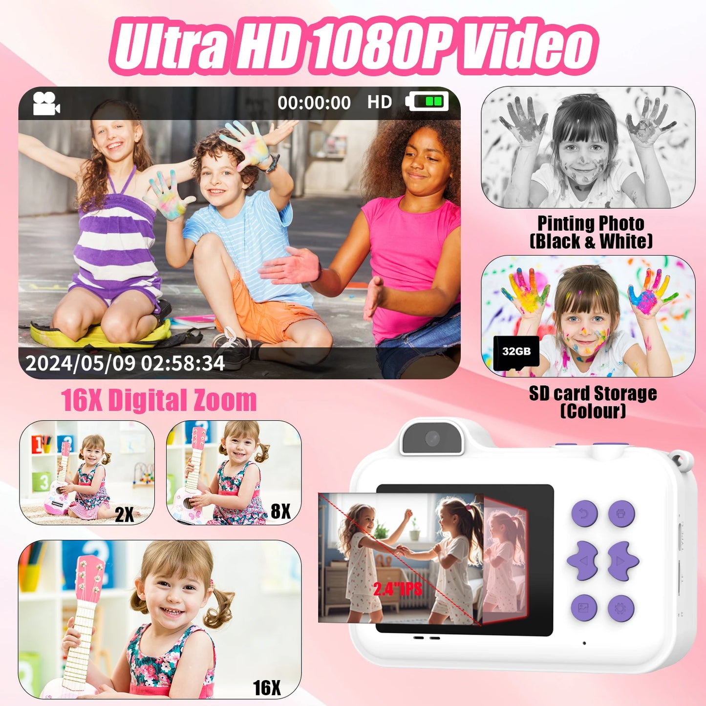 Cámara digital para niños, impresión instantánea, doble lente, grabación de video HD 1080P, 32G, para niños y niñas, regalos de Navidad, juguetes
