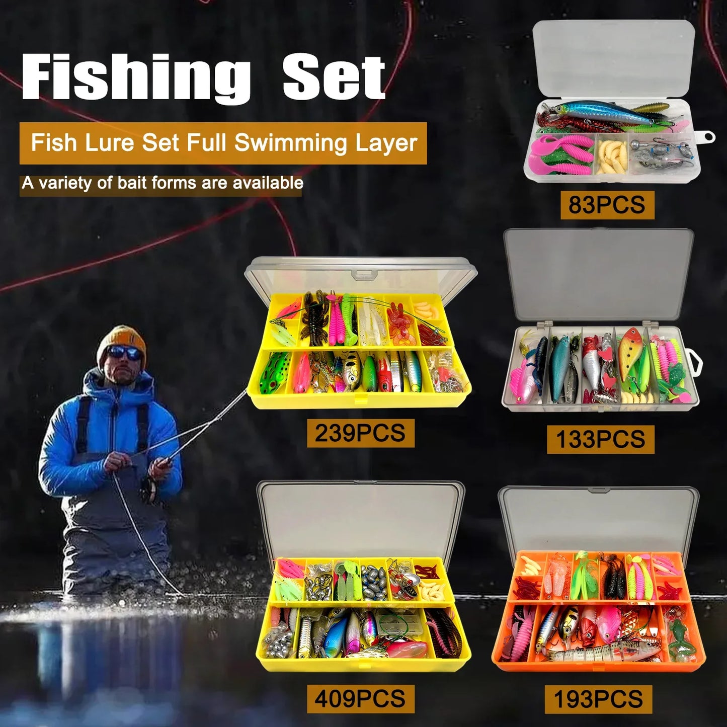 Kit de leurres de pêche pour truite, brochet, basse, multi-leurre, ensemble de matériel superposé, équipement professionnel, 83/133/193/239/409 pièces