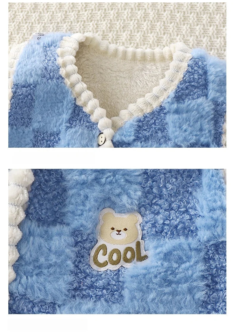 Chaqueta polar para niños, chaleco cálido de doble capa con estampado a cuadros, para niños y niñas, ropa de abrigo sin mangas para otoño e invierno