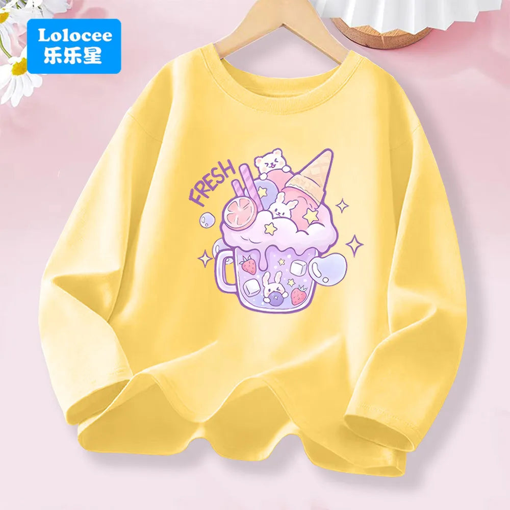 T-shirt rose à manches longues pour filles de 3 à 14 ans, haut en coton pour enfants, mignon "FRESH", imprimé boisson et Animal, nouvelle collection printemps 2026