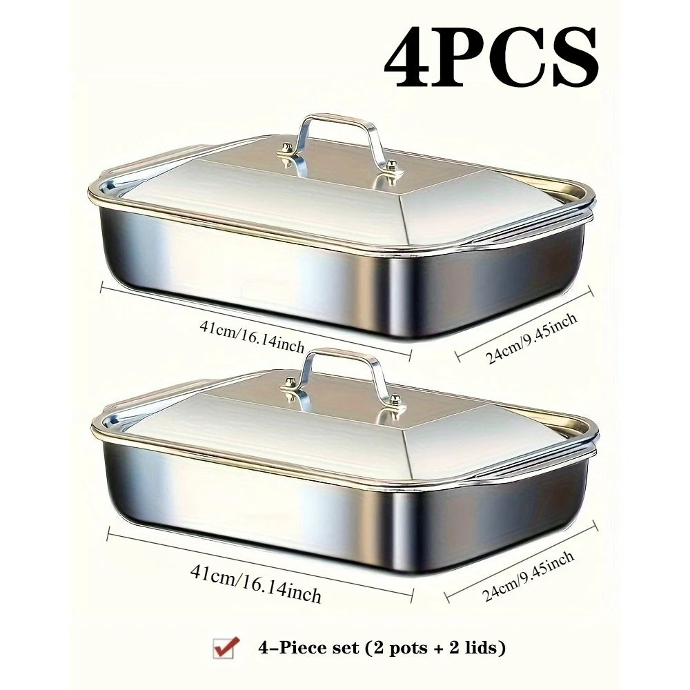 Ensemble de poêles de cuisson en acier inoxydable, 4 pièces, avec couvercles, plat profond de 16 pouces x 9 pouces pour poisson/pâtes/four à griller et ustensiles de cuisine lavables au lave-vaisselle, 4,2 l