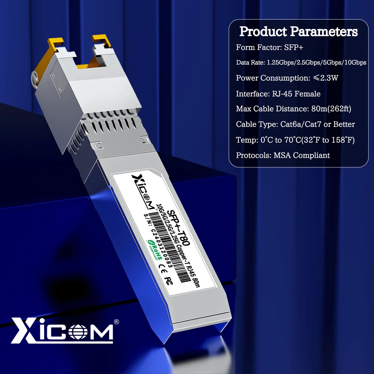 Módulo transceptor SFP+ RJ45 de cobre Xicom 10G, puerto RJ45 80M, compatible con 10G/5G/2.5G/1.25G con switches Ethernet Cisco/Mikrotik