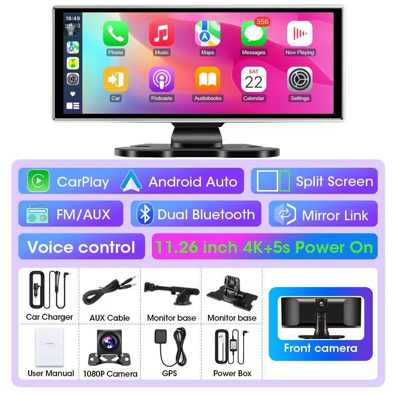 Cámara de salpicadero DVR 4K para coche, 11,26 pulgadas, doble lente, inalámbrica, Carplay y Android, grabadora de vídeo automática, monitor de navegación GPS, Wifi 5G, FM, AUX