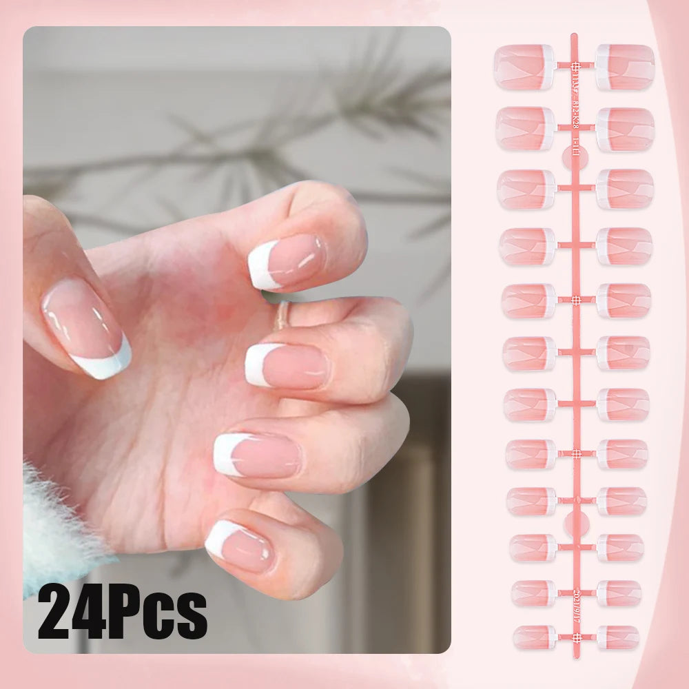 24 pièces/ensemble français rose carré court faux ongles presse sur ongles bord blanc nu rose ongles conseils couverture complète portable pointe française