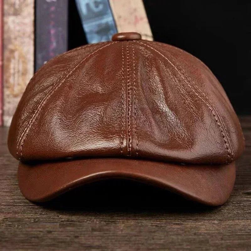 Unisex octagonal cowhide leather caps, newsboy hat, 100% genuine leather, warm cap, painter's beret, spring and winter