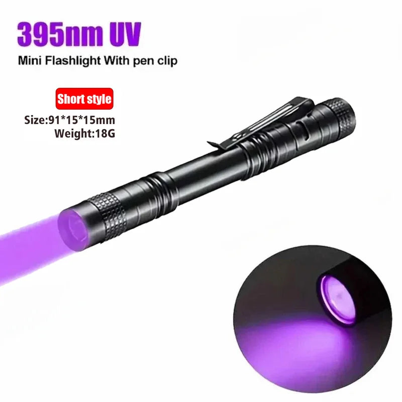 Lampe de poche UV 395nm, torche ultraviolette avec pince à stylo, piles AAA portables utilisées, lumière violette, détecteur d'urine animale et de Scorpion, lampe UV