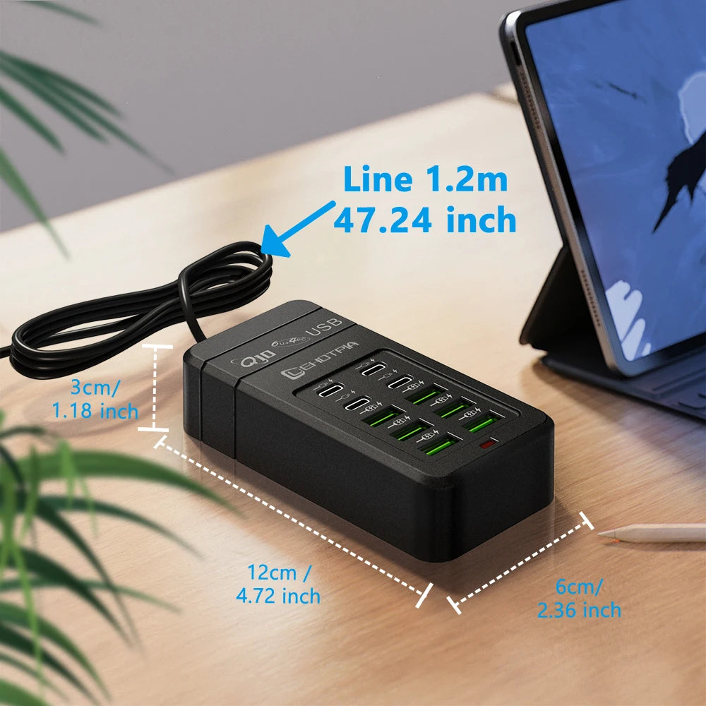 Multi-Fast USB Charger, EU UK US Plug, Power Adapter, 1.2m Extension Cord, 6 USB-A 4 USB-C, Portable for Mobile Phone