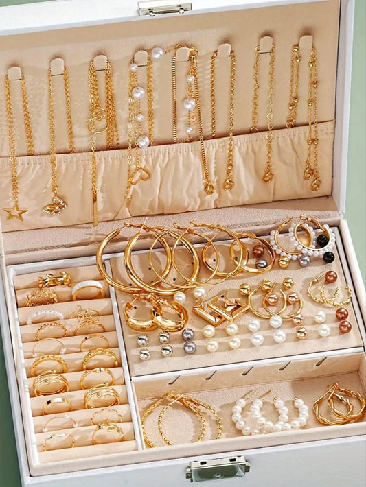 86 Pcs/Set Elegant Pearl Earrings Multilayer Necklace Stud Earrings Rings 4-in-1 Jewelry Set for Women Daily Use Gift (No Box)